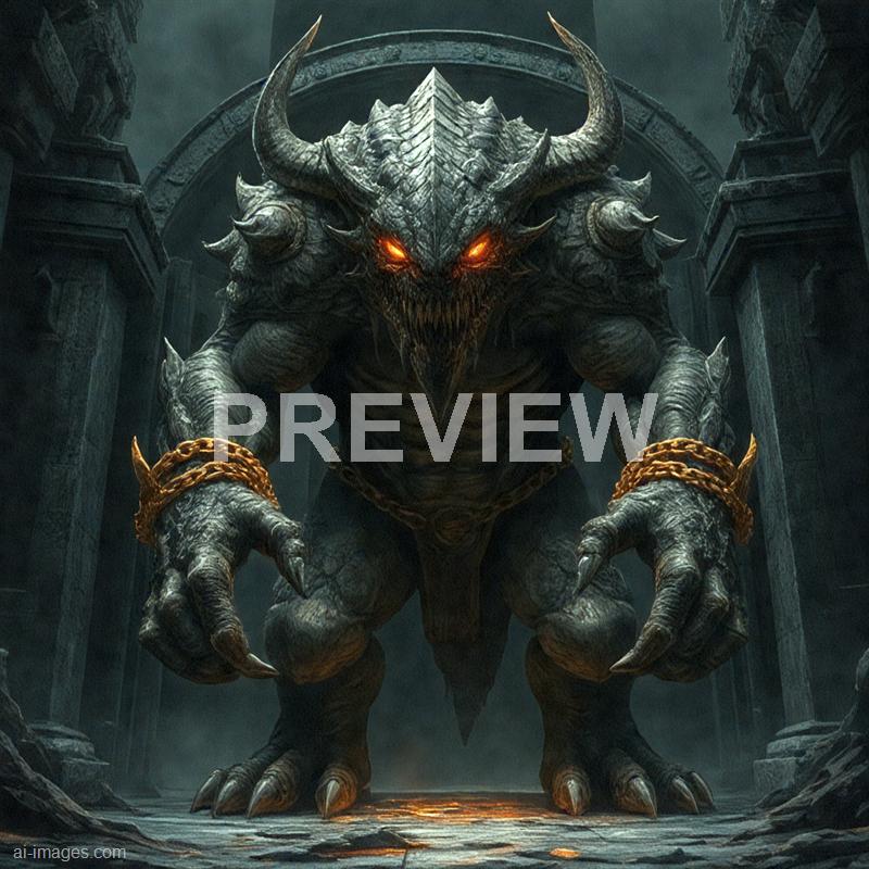 The image depicts a massive, menacing creature with a dragon-like appearance standing in a dark, ancient stone structure. It has a muscular build, with large horns on its head, glowing orange eyes, and a wide, sharp-toothed mouth. The creature's arms are adorned with gold chains, and its claws are extended, giving an impression of power and intimidation, while the background features ancient pillars and a stormy, ominous sky.